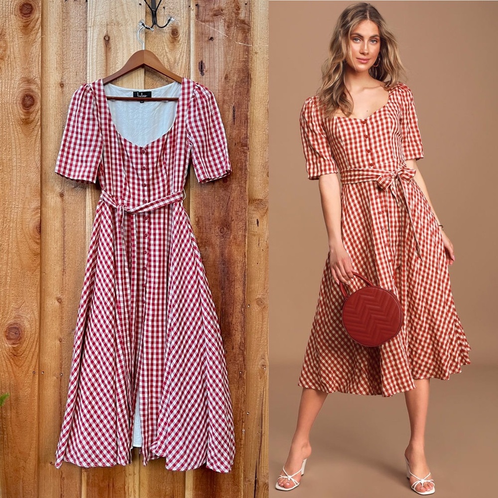 Red Gingham Plaid Button-Up Short-sleeve Midi Dress 🌿 - Picture 1 of 12